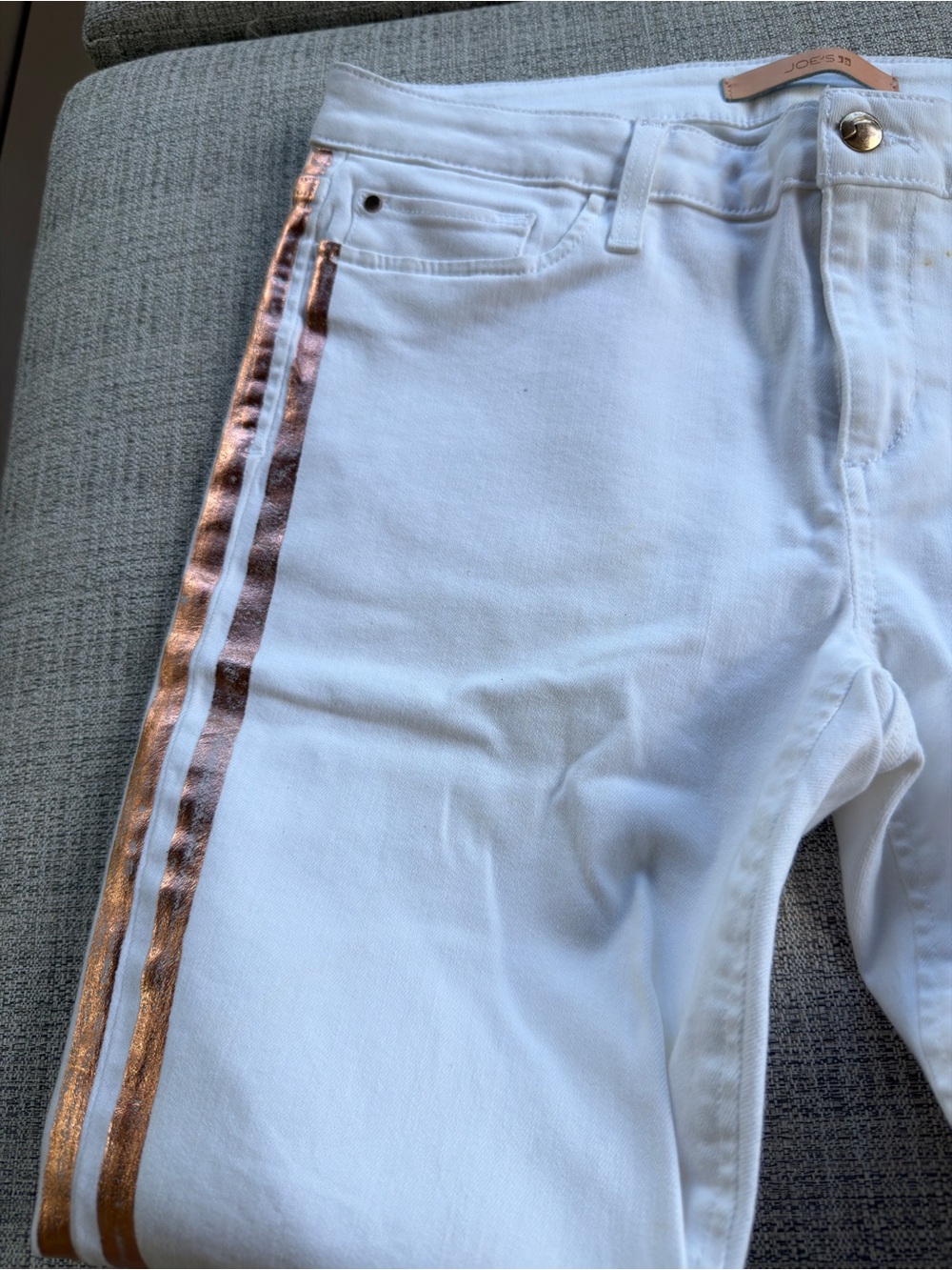 Joe's Jeans White Denim with bronze side stripes